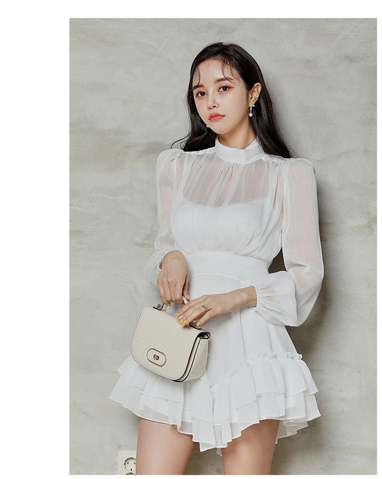 Korea Fashion Chiffon Stand Collar Women Elegant Party Dress Spring Office OL Long Sleeve Ruched Ruffles Mini Dress 210518