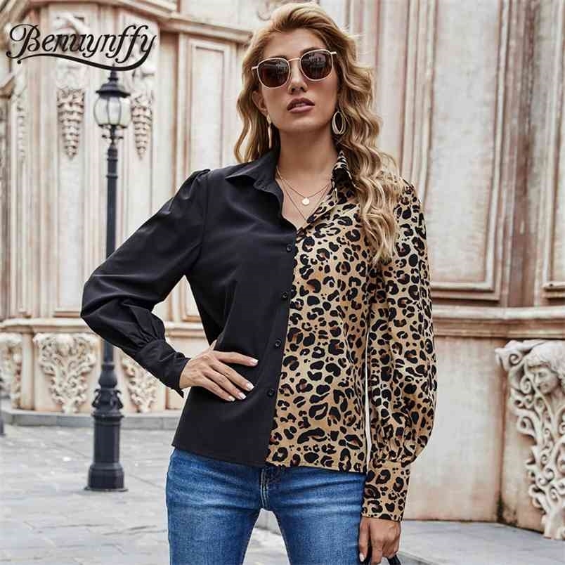 Turndown Collar Leopard Print Colorblock Shirt Women Leg-of-mutton Sleeve Button Up Elegant Ladies Tops and Blouses 210510
