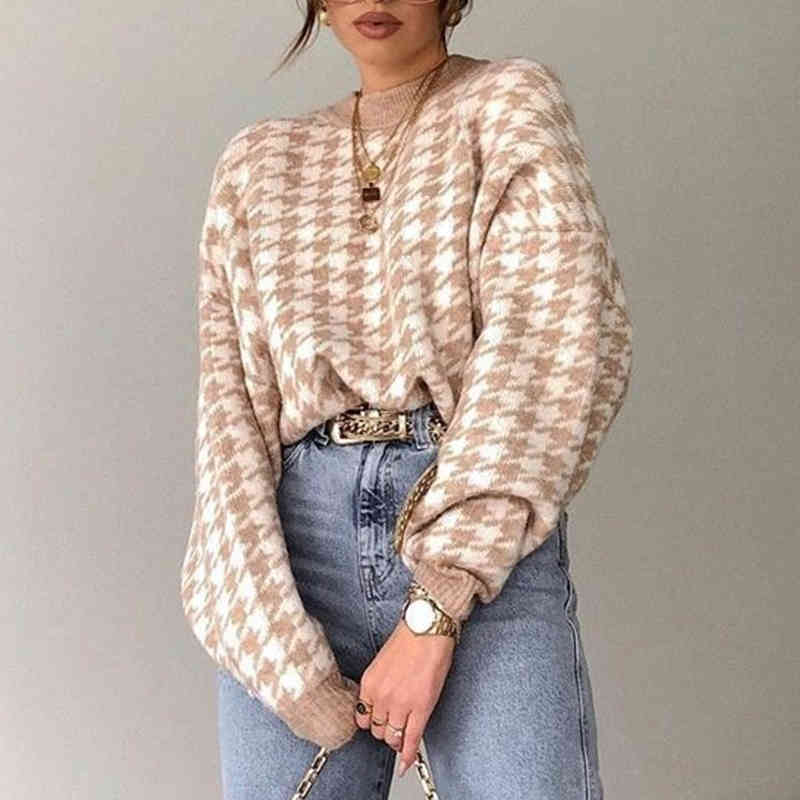 vintage houndstooth oversized sweater pullovers women casual plaid khaki winter tops checkered pull femme 210427