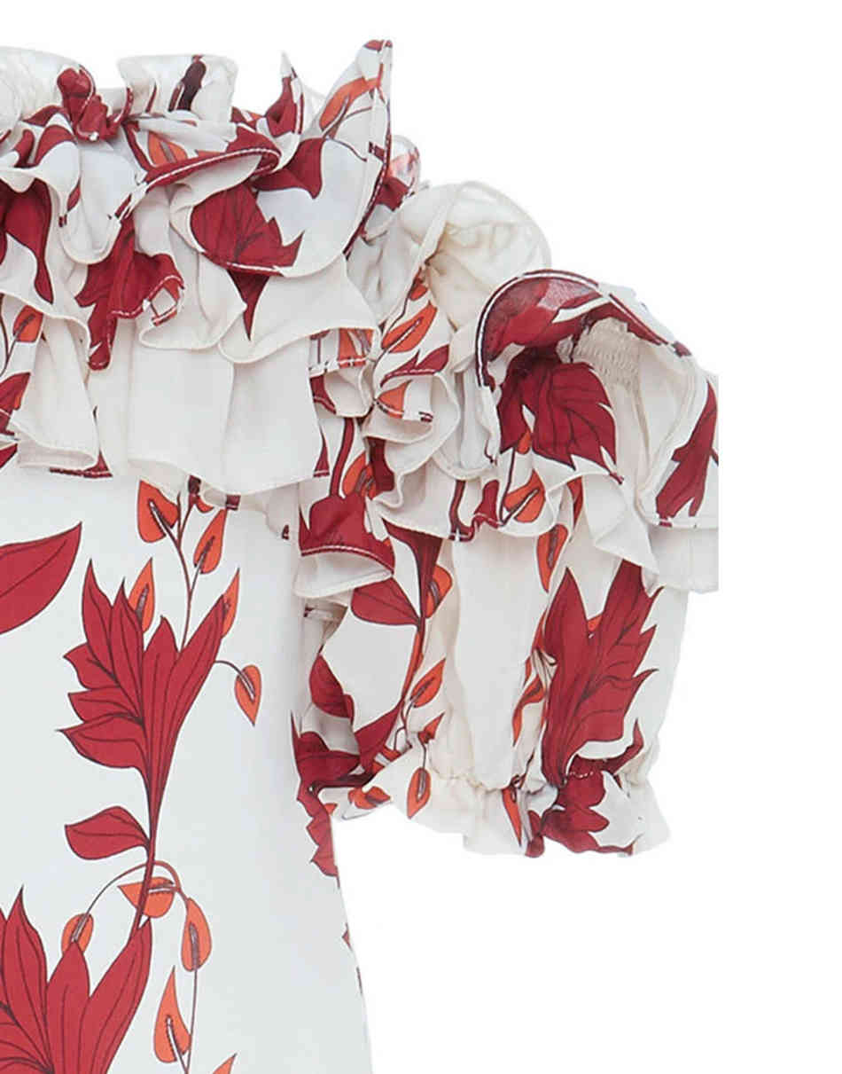 Free Elegant Layered Ruffle Print Long Dress One-shoulder Lantern Short Sleeve Vacation Party 210524