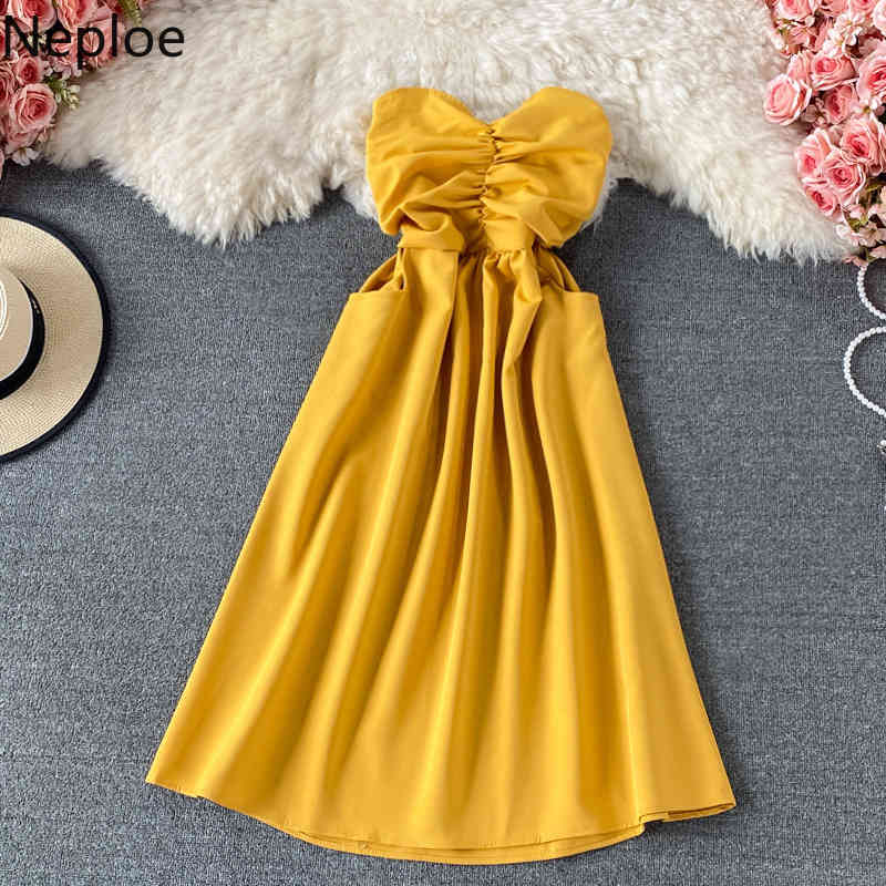 Abito da sera con spalle scoperte Neploe Abito da donna sexy a vita alta con pieghe Abiti da donna sexy Tasche Abiti senza schienale di moda dolc