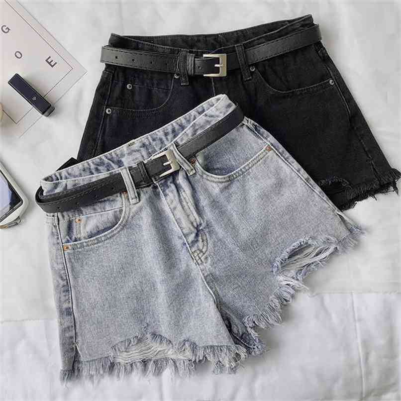 Summer Women Hole Denim Black Shorts High Waist With Belt Casual Female Solid Color Frayed Blue Jeans 210714