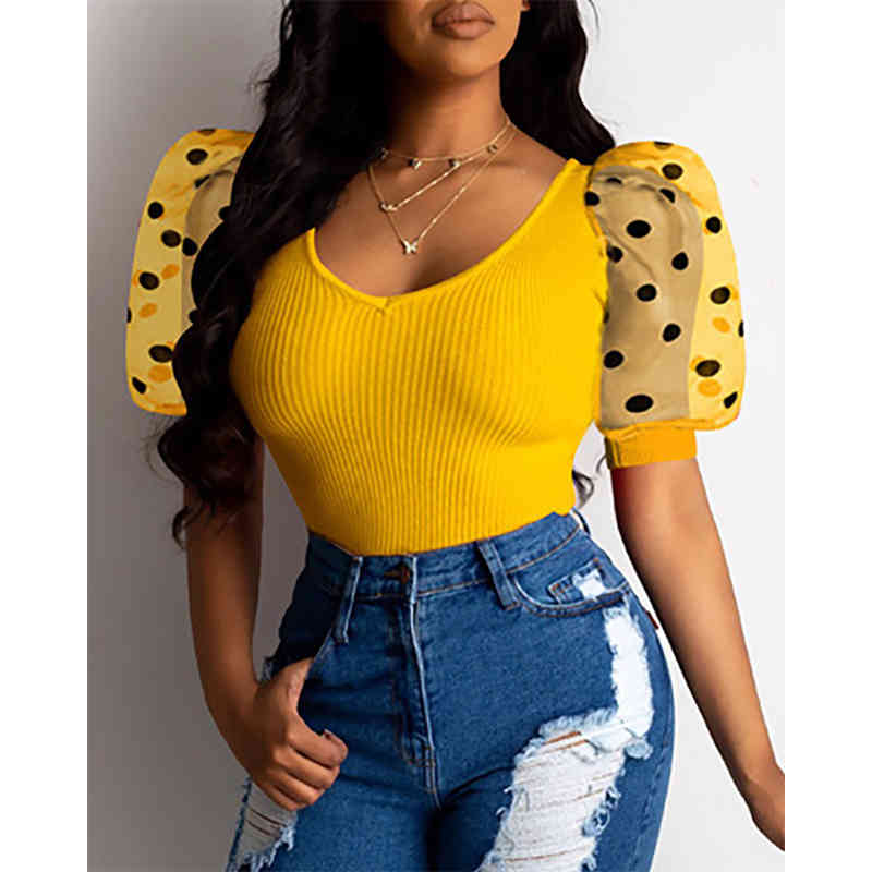 Summer Ladies Women Vintage Sexy Short Sleeve Low Cut Rib Polka Dot Puff Sleeve Skinny Club Fashion T Shirts Tops 210518, Black
Summer Ladies Women Vintage Sexy Short Sleeve Low Cut Rib Polka Dot Puff Sleeve Skinny Club Fashion T Shirts Tops 210518, Black