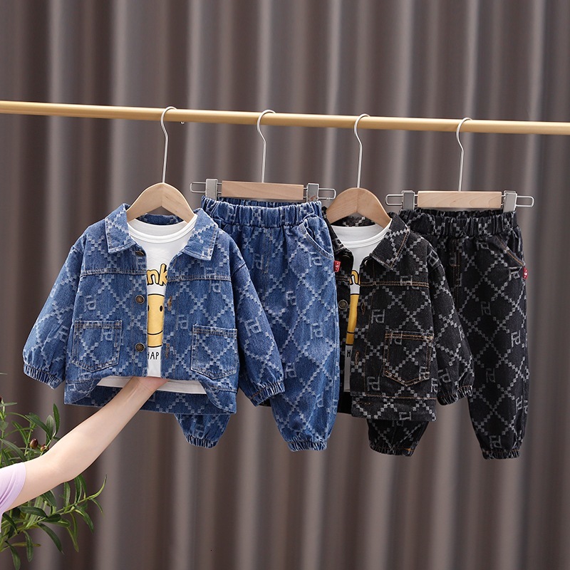 Clothing Sets Children's autumn handsome single breasted denim jacket children's Lapel Long Sleeve Jacket trendy children's three piece set