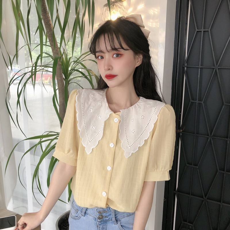 Chic Sweet Japan Summer Lace Patchwork Puff Short Sleeve Peter Pan Collar Purple Shirts Women Fashion Blusas Mujer Contrast 210429