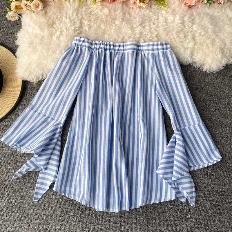 Korean Stripe Women Blouse Causal Off Shoulder Sexy Strapless Tops Irregular Flare Sleeve Blusas Shirt 6G552 210603