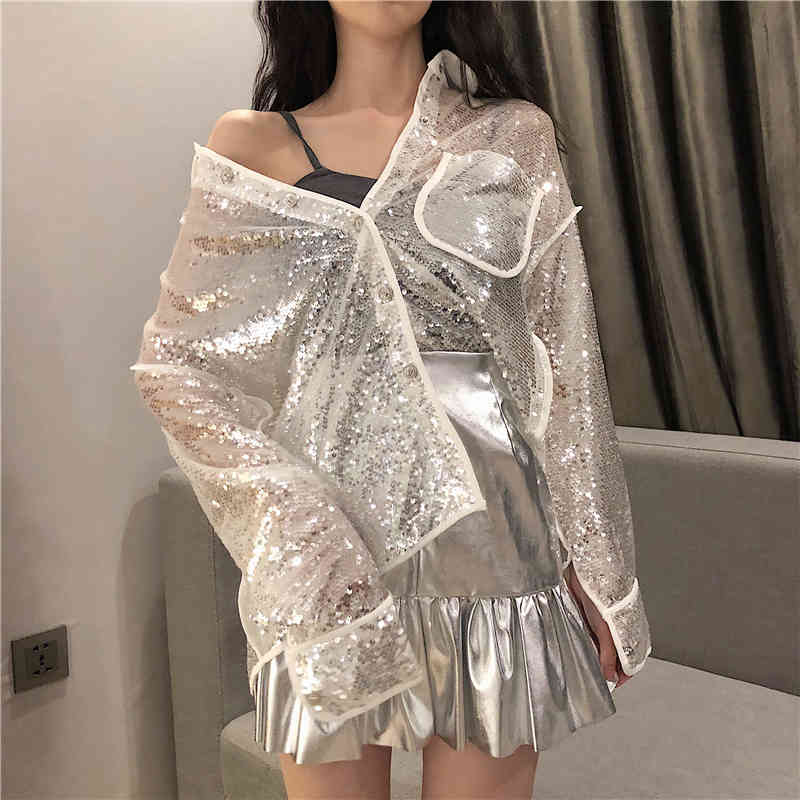 Bling Sequin Blouse Long Sleeve Shirt Women Loose Glitter White Black See Through Top Clubwear Clothes 210427