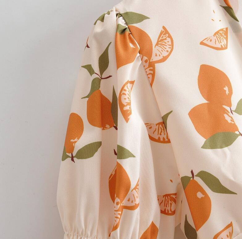 France style Fruits Floral Short Sleeve Wrap Dress V neck Lace Up Knot Midi Vintage Print Mid Calf Vacation es Women 210429
