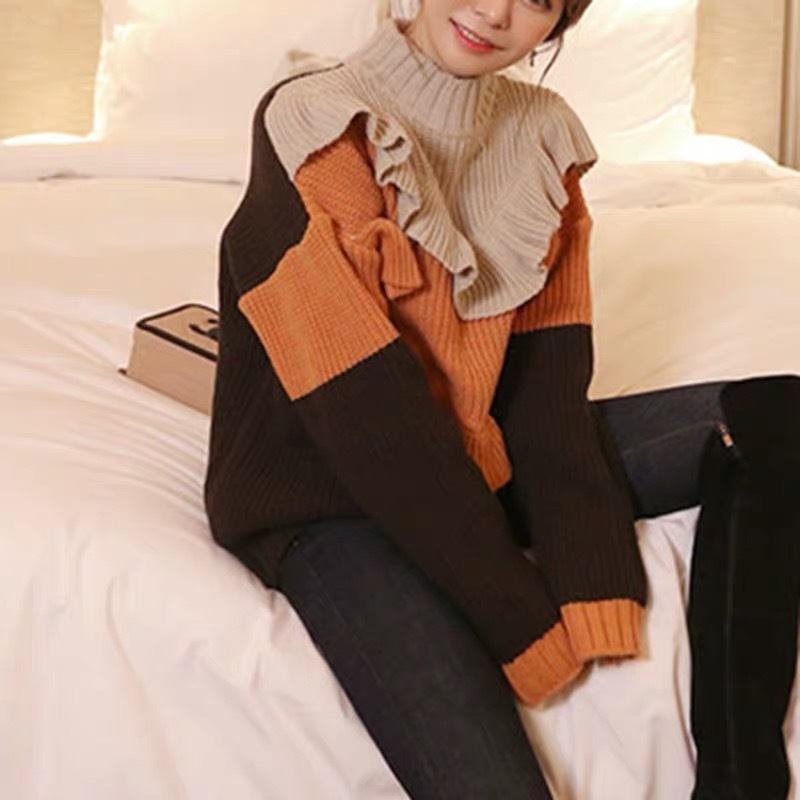 Woman Knit Ruffles Color Matching Long Sleeve Sweaters Loose Sweet Thicken Warm Pullovers Jumpers 210520