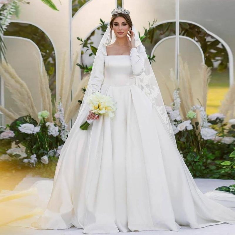 Simple Satin Wedding Dresses 2021 Elegant A Line Long Sleeves Square Neck Zip Back Court Train Bridal Gowns French Marriage Dress BNJ24, Water melon
Simple Satin Wedding Dresses 2021 Elegant A Line Long Sleeves Square Neck Zip Back Court Train Bridal Gowns French Marriage Dress BNJ24, Water melon