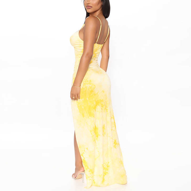 Colysmo Tie Dye Dress Summer Sleeveless Backless Sexy Dresses Woman Party Night Wear Slim Fit Bodycon Maxi Yellow 210527