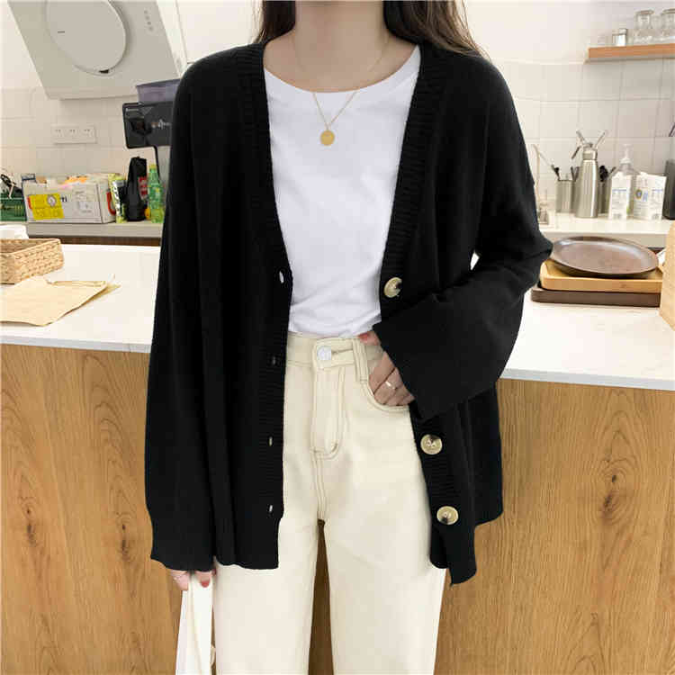 V-neck Single-breasted Women Cardigan Tops Spring Autumn Full Sleeve Solid Loose Fashion Korean Female Sweater Jumpers Femme 210514