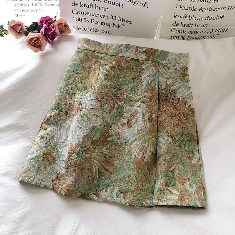Autumn Korean-Style Elegant Temperament Painted Flowers High Waist Skirt Slim A- Line 210621