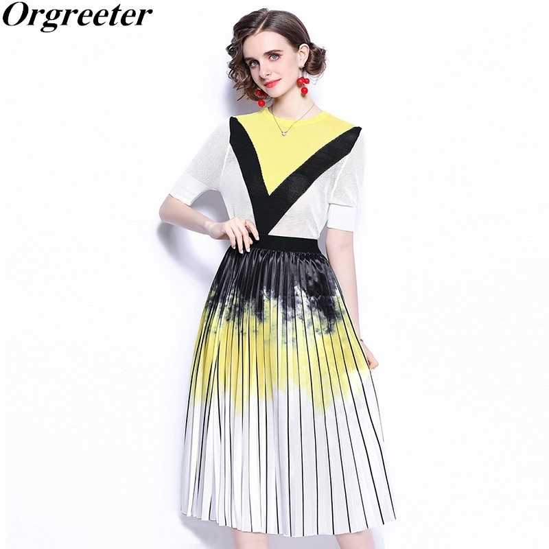 Summer Elegant Pleated Tie dye Skirt Suit Two piece set female Office ladies Color contrast Knit Tops and Striped 210525, Pink
Summer Elegant Pleated Tie dye Skirt Suit Two piece set female Office ladies Color contrast Knit Tops and Striped 210525, Pink