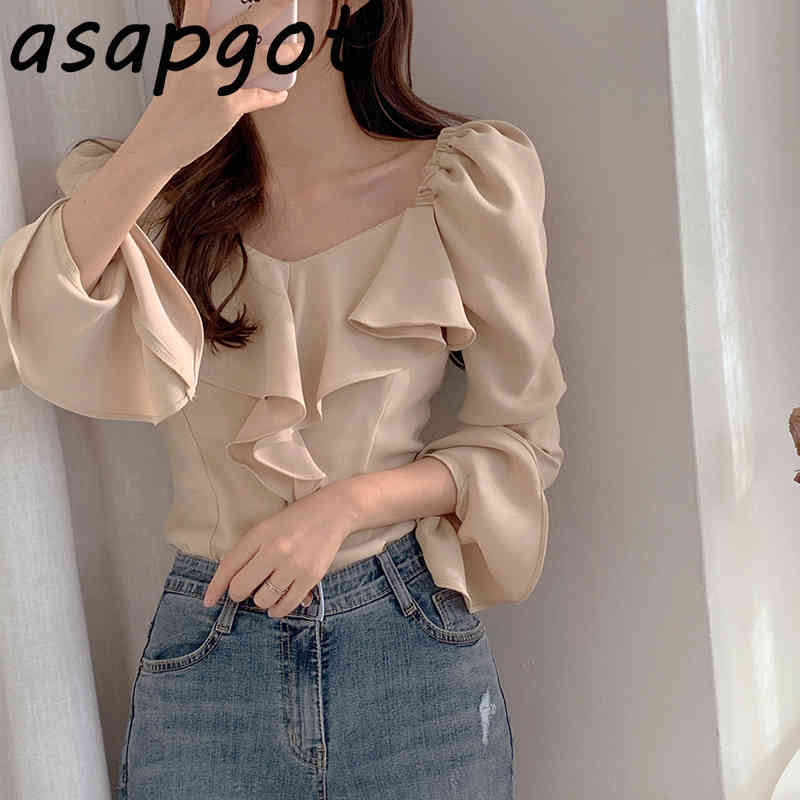 Temperament Shirts & Blouses Retro Slim V Neck Flare Sleeve Blouse Women Clothing Full Khaki Tops Elegant Chic Blusas De Mujer 210429