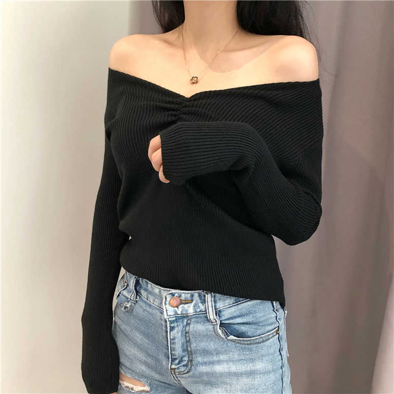 JMPRS Sexy V Neck Women Sweater Autumn Knitted Pullover Jumper Chic Soft Korean Slim Long Sleeve Female Basic Top 211011Z