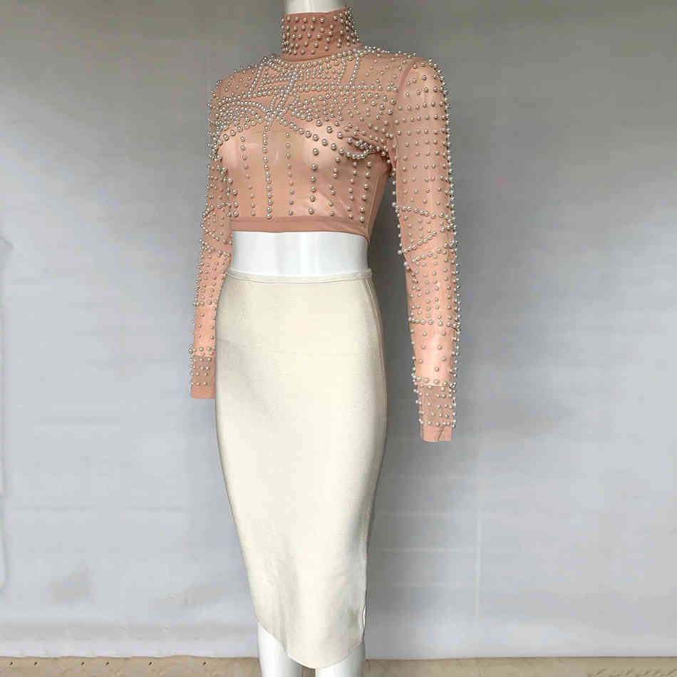 Summer Women's 2-Piece Two-piece Mesh Beaded Top + Pencil Skirt Female Bandage Sexy Celebrity Party Set 210525