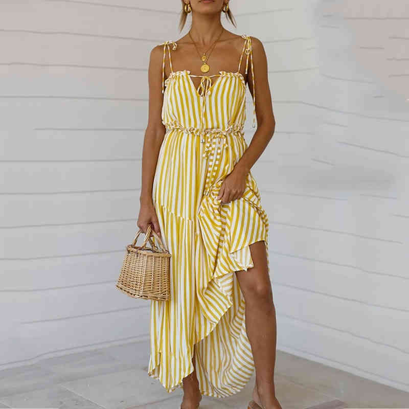 striped lace up yellow maxi long dress women ruffle casual beach holiday sun sexy backless irregular vestidos 210427