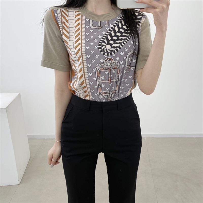 Summer Vintage Printed Knitted Pullover Sweater Women Short Sleeve O-neck Tops Korean Fashion Female Jumpers Mujer 210514
