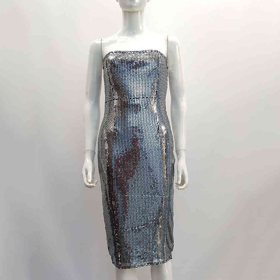 Free Women's Silver Sequined Bandage Dress Sexy Strapless Bodycon Halter Club Midi Celebrity Party 210524