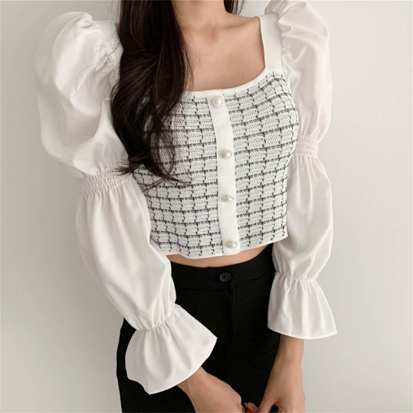 Korean Autumn Elegant Long Puff Sleeve Square collar Striped Knitted Single-breasted Women chic Tops Vestidos 210519, White
Korean Autumn Elegant Long Puff Sleeve Square collar Striped Knitted Single-breasted Women chic Tops Vestidos 210519, White