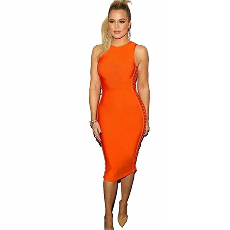 Women'S Summer Midi Bandage Dress Rayon Side Hollow Sleeveless Bodycon Vestidos Sexy Club Celebrity Party 210524