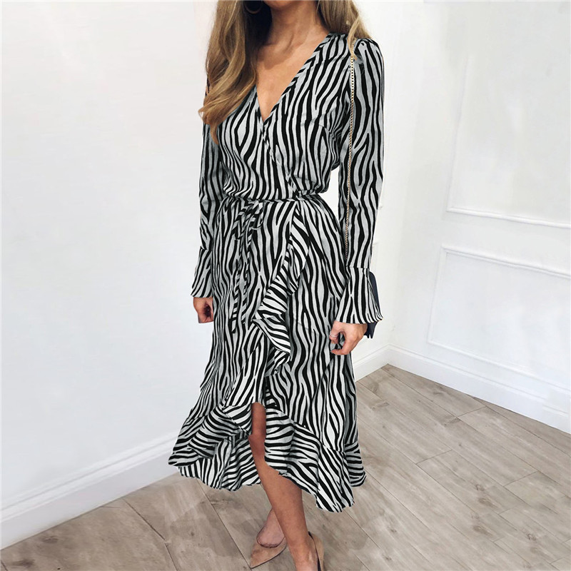 Long Dresses Women Zebra Print Beach Chiffon Casual Sleeve V Neck Ruffles Elegant Party Vestidos 210515