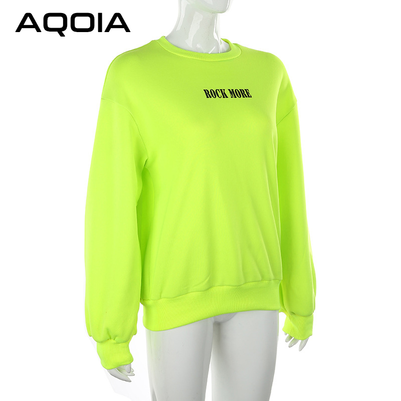 AQOIA Harajuku O-Neck Long sleeved Loose Letter Fluorescent Green Sweatshirt Women Autumn Winter Thick Pullover Clothing 210521