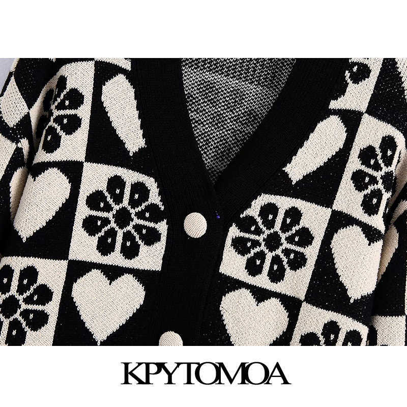 KPYTOMOA Women Fashion Jacquard Loose Knit Cardigan Sweater Vintage Long Sleeve Covered Buttons Female Outerwear Chic Tops 211011Z