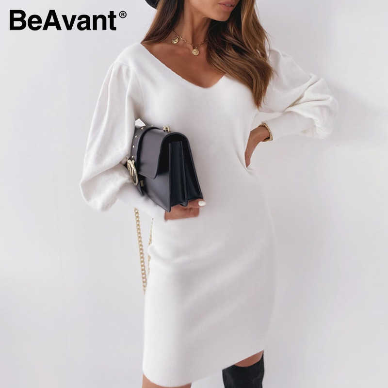 BeAvant Sexy V-neck patchwork dress White lace edge A-line Lantern Sleeve Dress Autumn nightclub open back knee length dress 210709