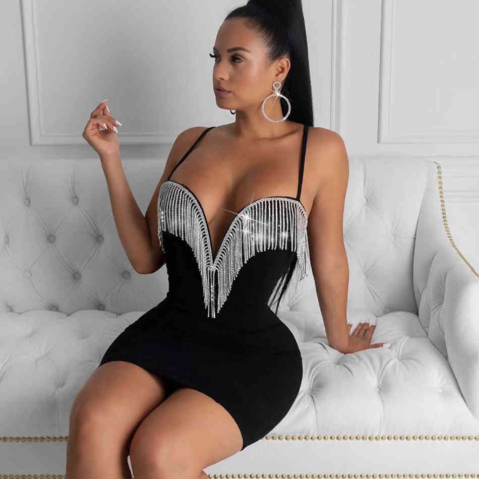 Summer Style Ladies Bandage Celebrity Party Sexy Bodycon Spaghetti V-Neck Diamond Tassel Mini Dress Vestidos 210525