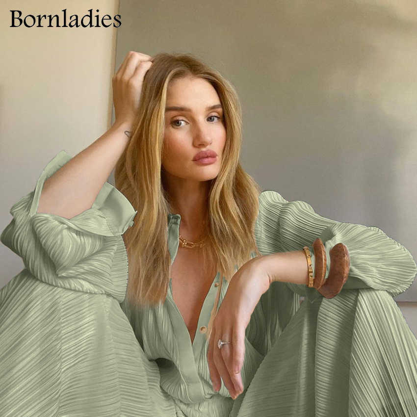 Bornladies Pleated Wide Leg Pants Sets Women Elastic High Waist Ruched Palazzo Pants + Loose Blouse Shirt Sets Oversized Pants 211007