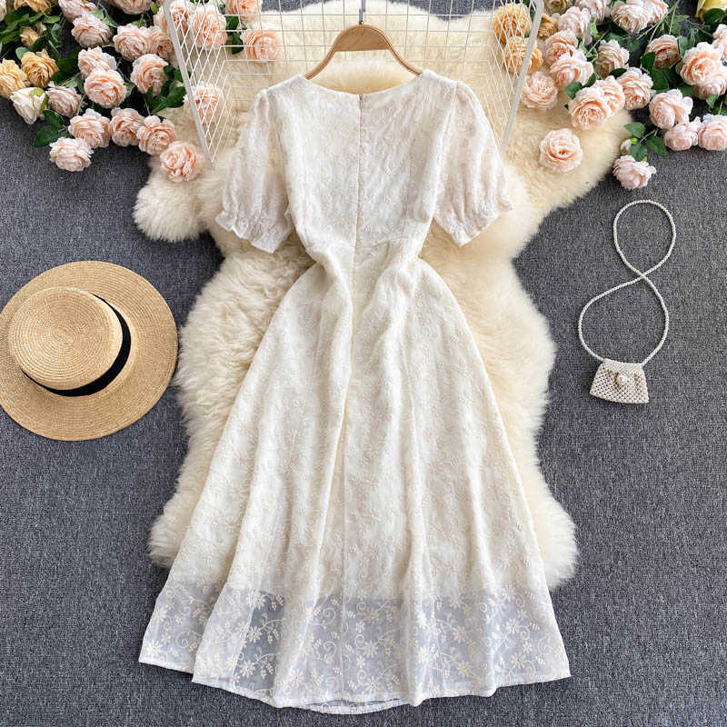 DEAT Women Split Slim Beaded Dress Round Neck Short Sleeve Arrivals Lady Temperament Fashion Spring Summer 11D597 210709