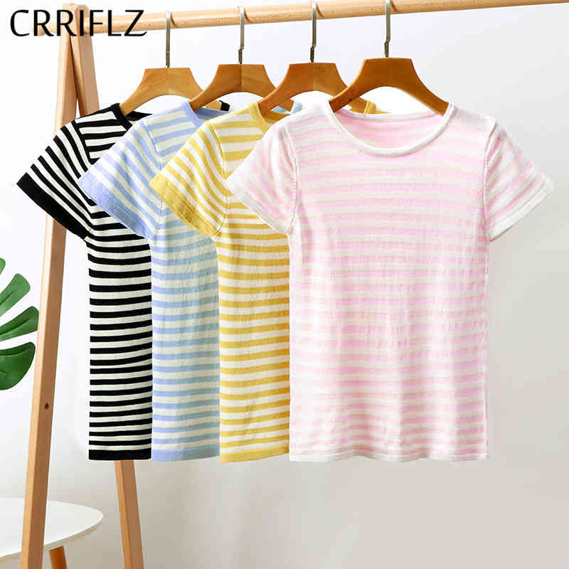 Summer Ice Silk Striped Knitted T Shirt Women O-neck Short Sleeve Office Lady Top Tee CRRIFLZ 210520, Yellow
Summer Ice Silk Striped Knitted T Shirt Women O-neck Short Sleeve Office Lady Top Tee CRRIFLZ 210520, Yellow