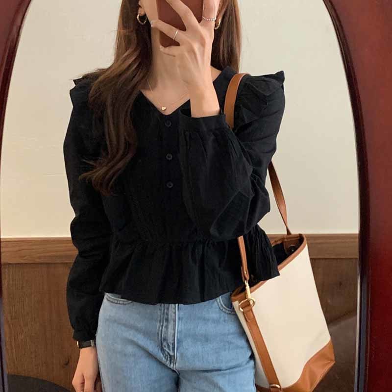 Korean Style Women Ruffle Stitching Long Sleeve Blouse Sweet and Cute V-neck Solid Button Shirt Blusas Mujer De Moda 11666 210508