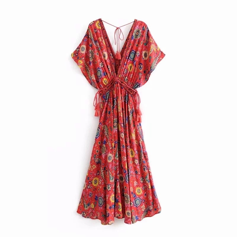 Fashion Boho Long Dress Folk Style Vintage Summer Cotton Print V-neck Bat Sleeve Drawstring Holiday Midi For Woman 210514
