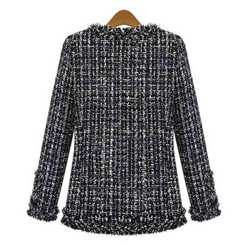 Autumn Winter Black White Plaid Loose Short Coat Women Vintage O Neck Long Sleeve Tassel Tweed Plus Size Ladies Jacket 210526