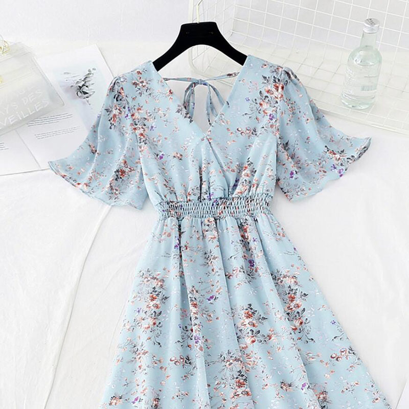 Summer Dress Women Short Sleeve Ruffled Chiffon Dresses Elegant Vestidos Sexy V-neck Floral Print Beach Midi Dress 210521