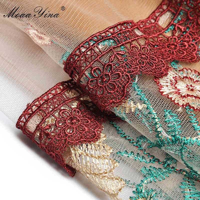 Fashion Runway dress Summer Women's Dress Puff Sleeve Mesh Embroidery Vintage Midi Dresses 210524