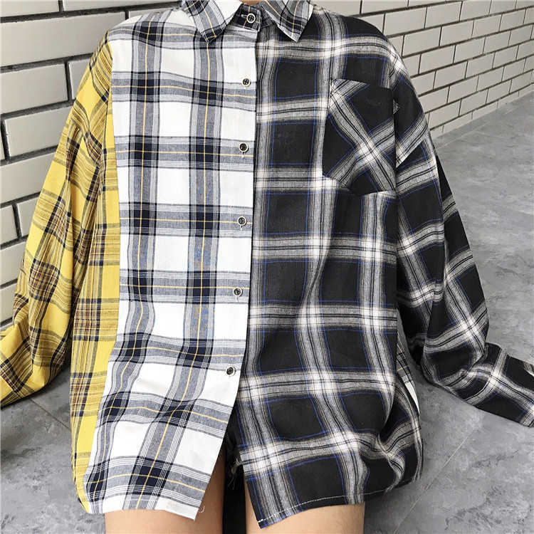 Plaid Shirt Women Bangtan Boys SUGA Blouse Korea Fashion Plus Size Casual Spring Autumn Splice Shirts 210602