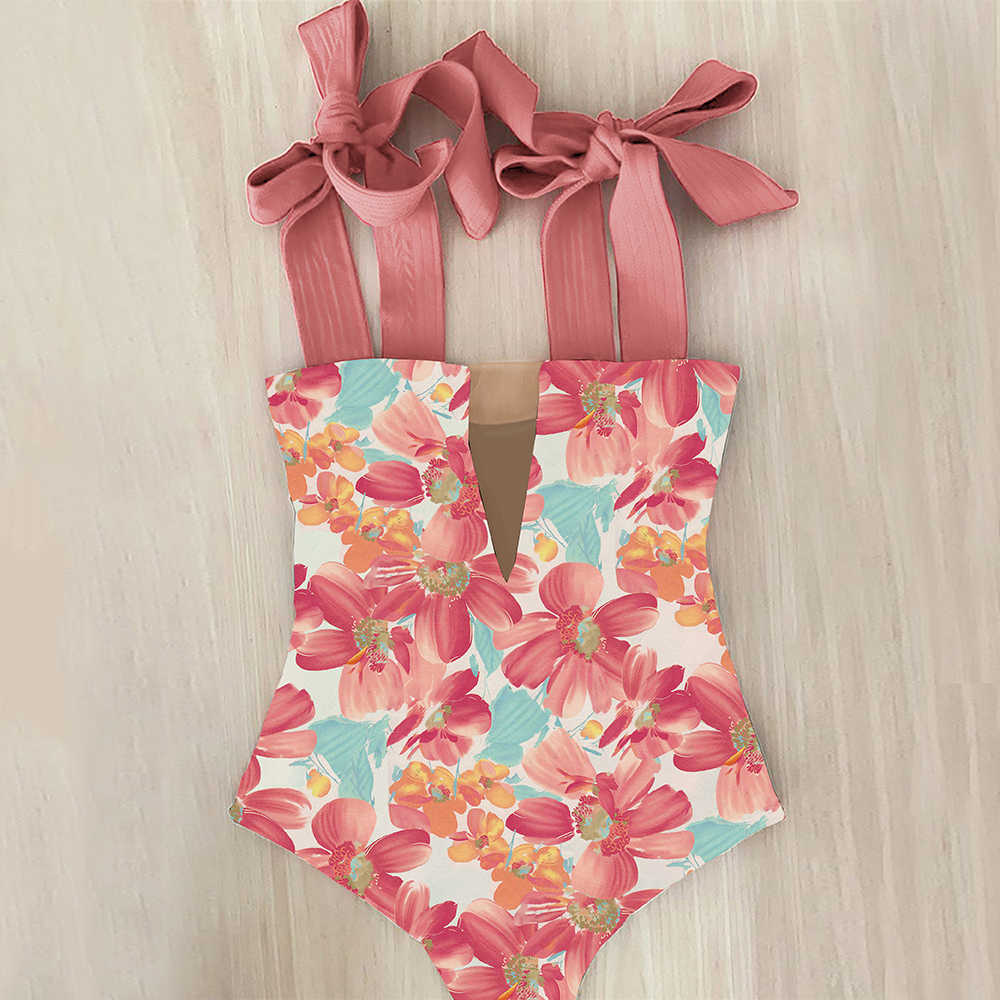 Sexy Swimsuit Shoulder Strappy Print Floral Swimwear Women Backless Bathing Suit Beach Wear Monokini 210702