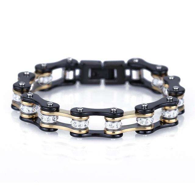 Link, Chain Unisex Gold Motorcycle Bike Biker Bracelet Men Women Black Stainless Steel CZ Crystal Charm Bicycle 10mm 17-22cm