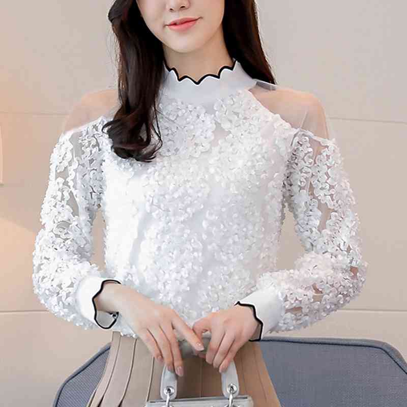 Coffee Rose Sexy Mesh Women Top Spring Blouses Shirts Ruffle Long Sleeve Cold Shoulder Tops Causal Pleated Blusas 907G 210323
