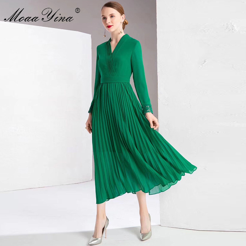 Fashion Runway dress Spring Summer Women's Dress V-neck Long sleeve Solid color Elegant Pleated Dresses 210524