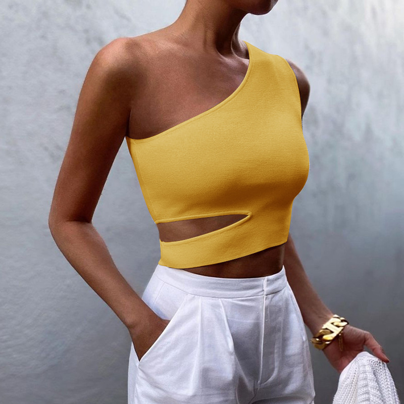 Women Tank Top Asymmetric Hollowed Out Summer Slant Shoulder Backless White Crop s Slim Short Vest Black 210524