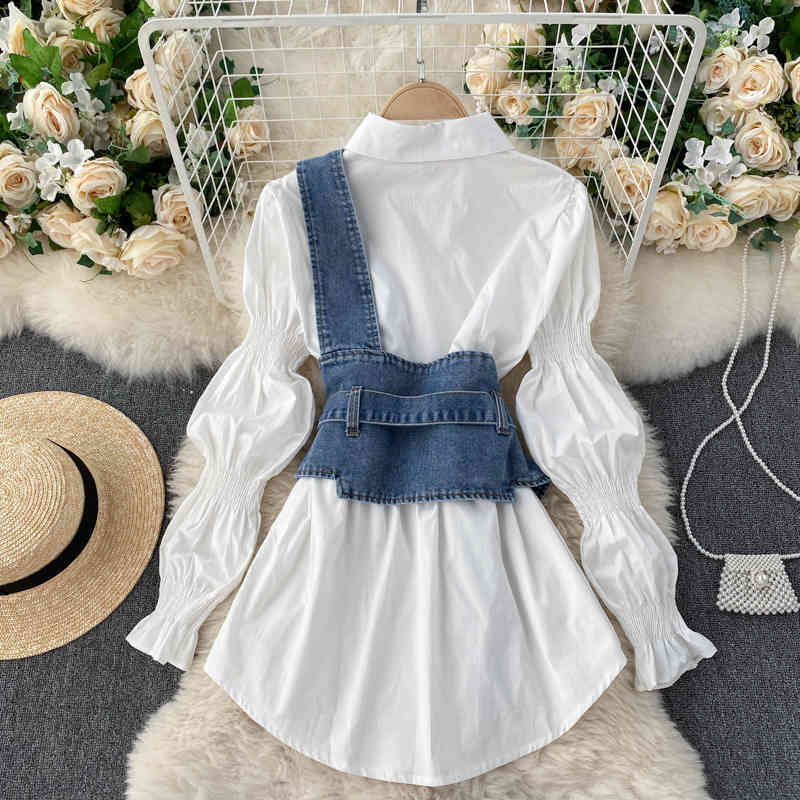 Nomikuma Spring Blouse Women Sets Puff Sleeve Medium-long Blusas Shirt + Demin Slim Waist Elegant Two Pieces Korean Suits 6D984 210427