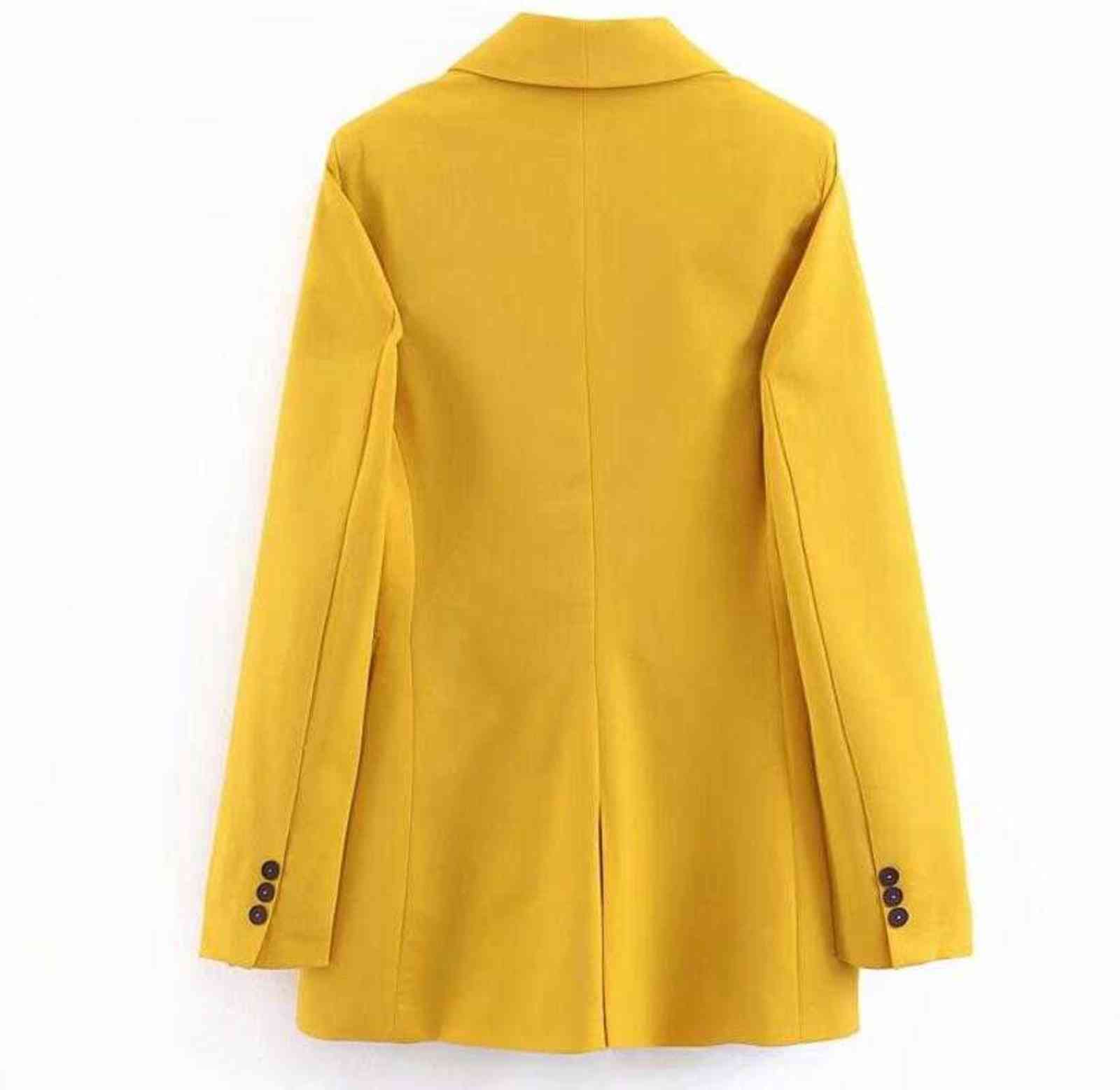 Women Elegant Yellow Blazers and Jackets Pockets Double Breasted Outerwear Office Lady Work Wear Chic Tops Suits Coat 211122