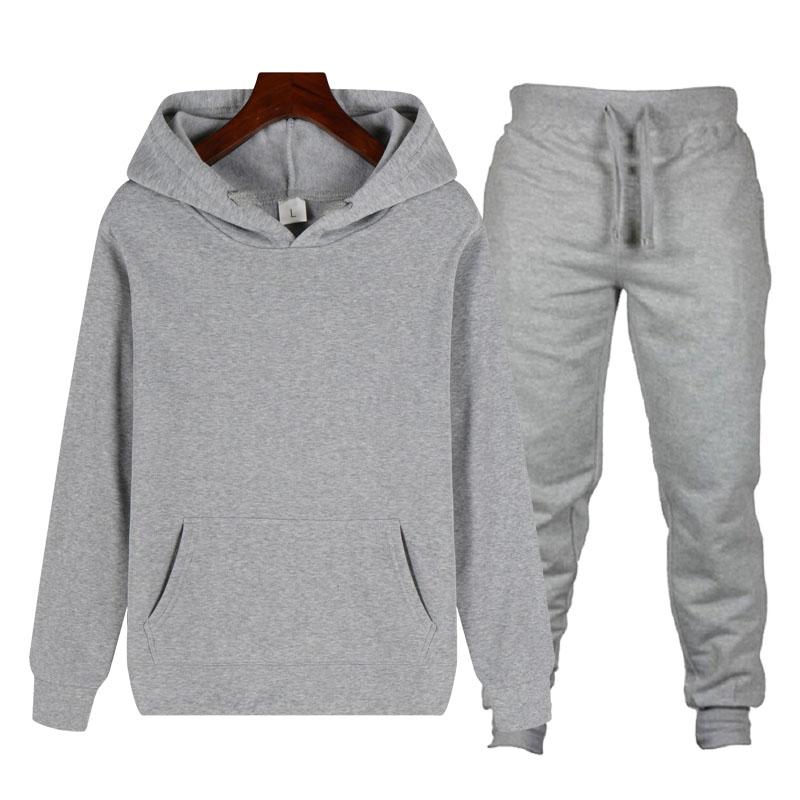 Spring And Autumn Men's Casual Sports Suit Lace Hoodie Pocket + Tie Rope Fashion Pants Two-piece Solid Color Streetwear Tracksuits