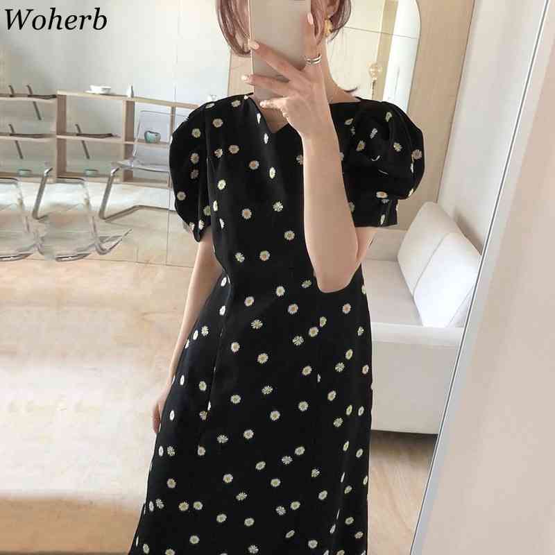 Summer Korean Floral Printed Robe Women Long Dress Short Puff Sleeve V-neck Chic Elegant Dresses Fashion Vestidos Femme 210519