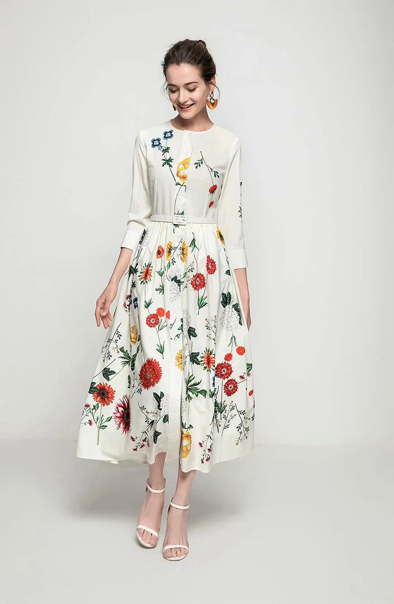 Women's Runway Dresses O Neck 3/4 Sleeves Floral Printed Single Breasted Fashion Mid Autumn Dress with Belt